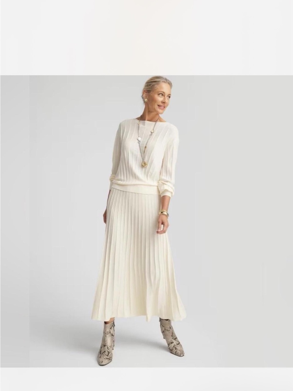 Chicos Knit Pleated Cream Pleated Midi Skirt and Top Set Sz Medium